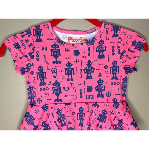Piccolina Dress Pink Purple Robot SS Tiered Rolled Sleeve 100% Cotton Size 4T - Picture 2 of 8